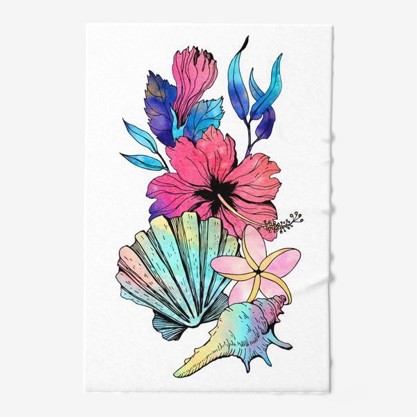Полотенце «Летний принт на морскую тему. Ракушки и цветы»