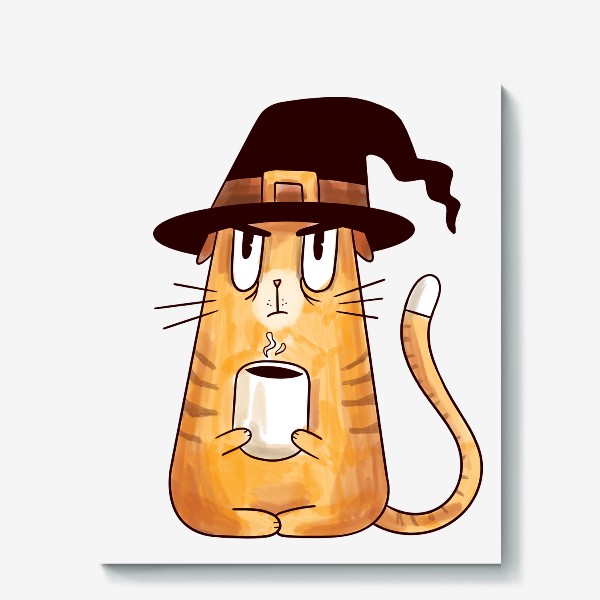 Холст «Сердитый кот ведьма с чашкой кофе»