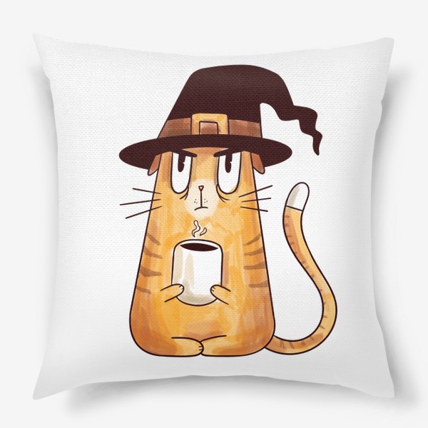 Подушка «Сердитый кот ведьма с чашкой кофе»