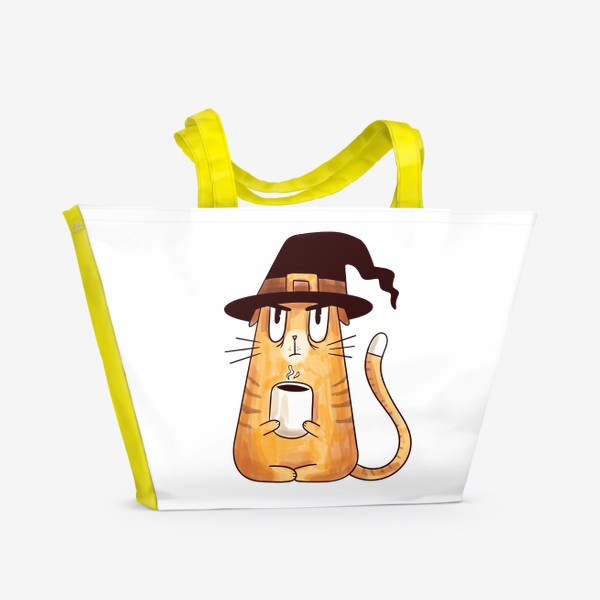 Пляжная сумка «Сердитый кот ведьма с чашкой кофе»