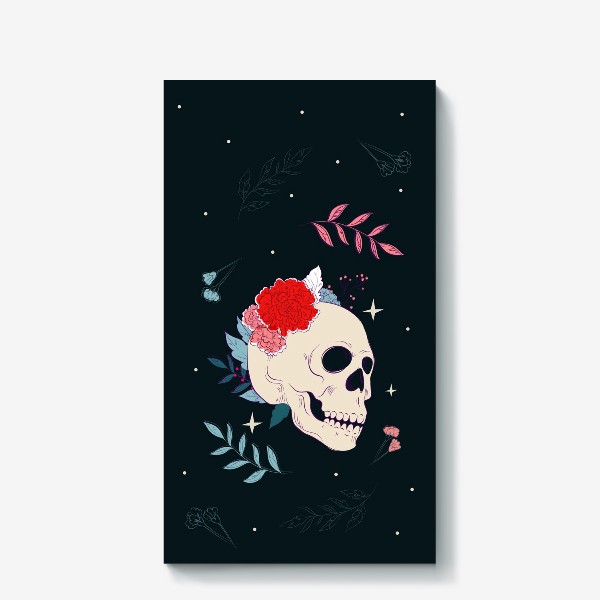 Холст «Мрачный череп с цветами»