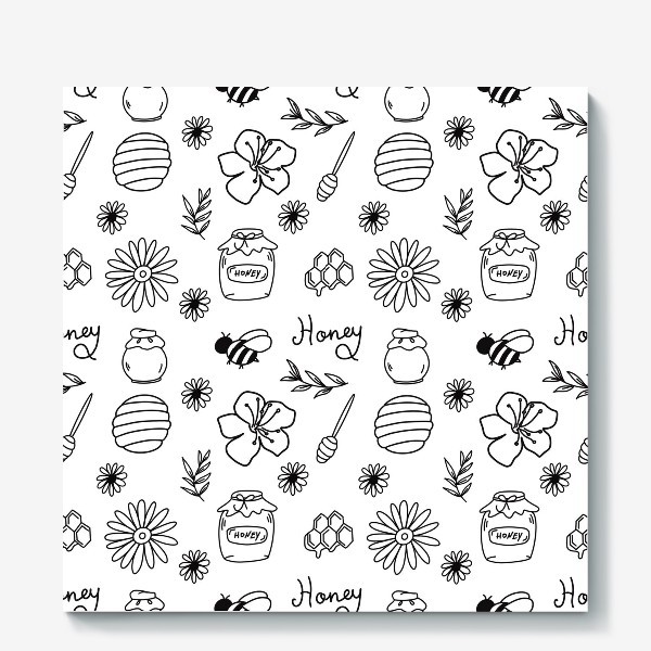 Холст «Пчелы, мед, цветы.Линейный черно-белый паттерн»