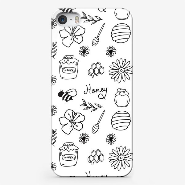 Чехол iPhone «Пчелы, мед, цветы.Линейный черно-белый паттерн»
