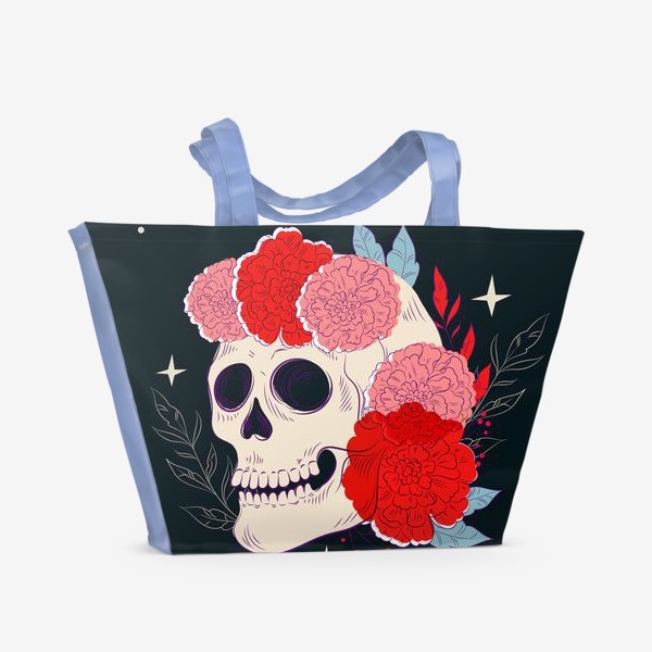 Пляжная сумка «Череп и цветы гвоздики»