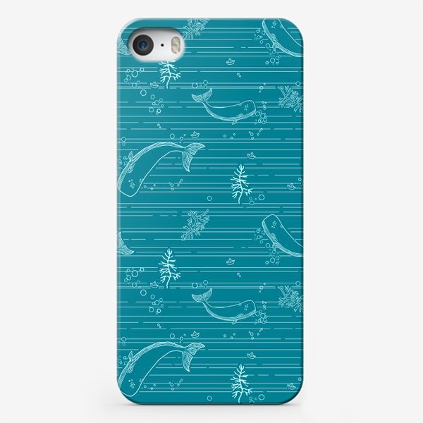 Чехол iPhone «Киты, пузырьки, морские растения. Бирюзовый Паттерн.»