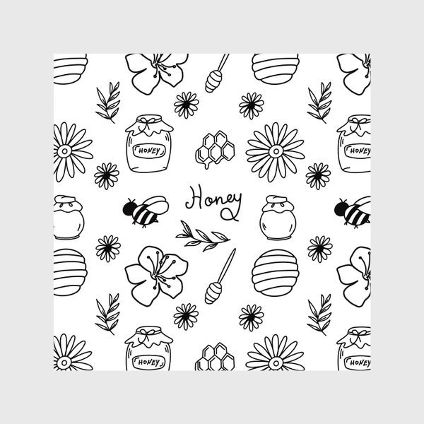 Шторы «Пчелы, мед, цветы.Линейный черно-белый паттерн»