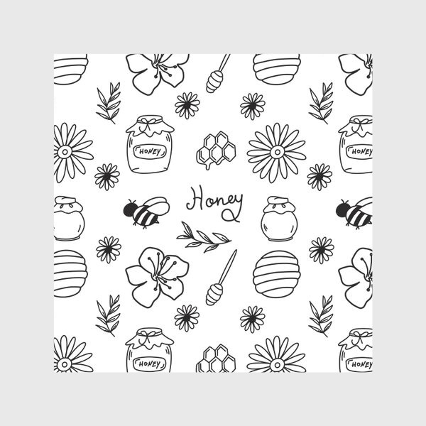 Скатерть &laquo;Пчелы, мед, цветы.Линейный черно-белый паттерн&raquo;