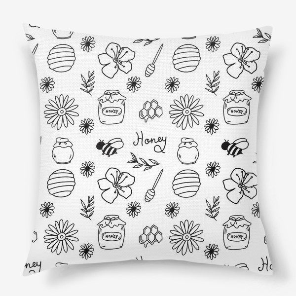 Подушка «Пчелы, мед, цветы.Линейный черно-белый паттерн»