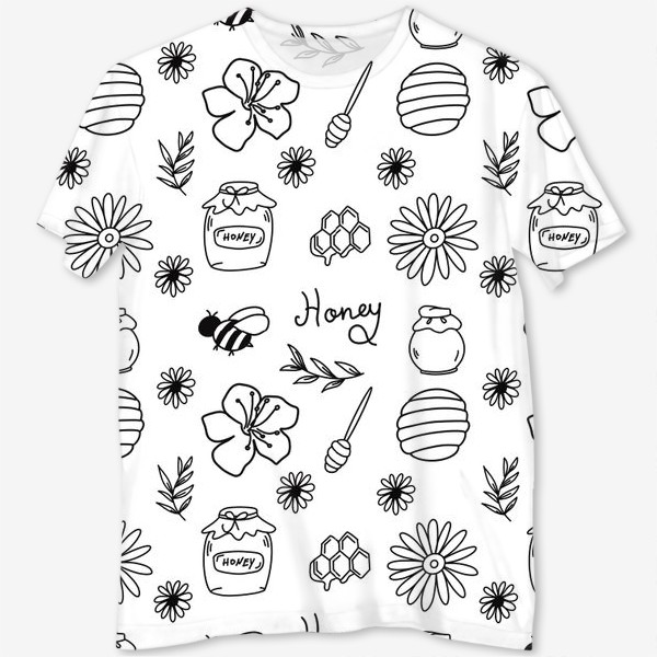 Футболка с полной запечаткой &laquo;Пчелы, мед, цветы.Линейный черно-белый паттерн&raquo;