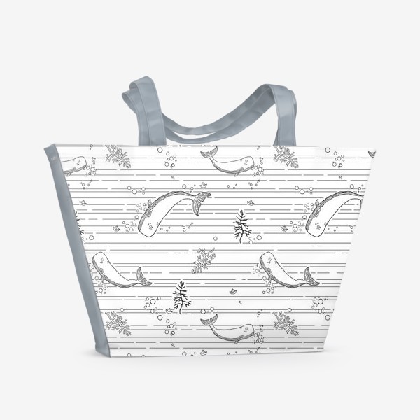 Пляжная сумка «Киты, пузырьки, морские растения. Черно-белый.»