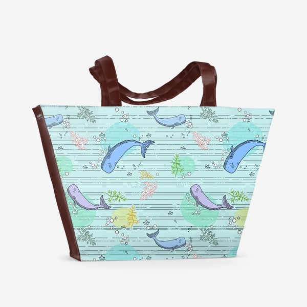 Пляжная сумка &laquo;Киты, пузырьки, морские растения. Паттерн.&raquo;