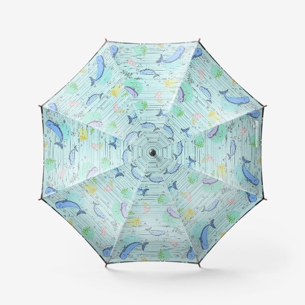 Зонт «Киты, пузырьки, морские растения. Паттерн.»