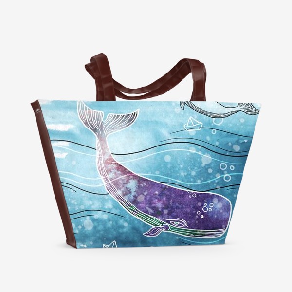 Пляжная сумка «Кит в море на глубине. Акварель.»