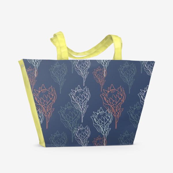 Пляжная сумка «Контрастный узор с цветами протеи на синем фоне»