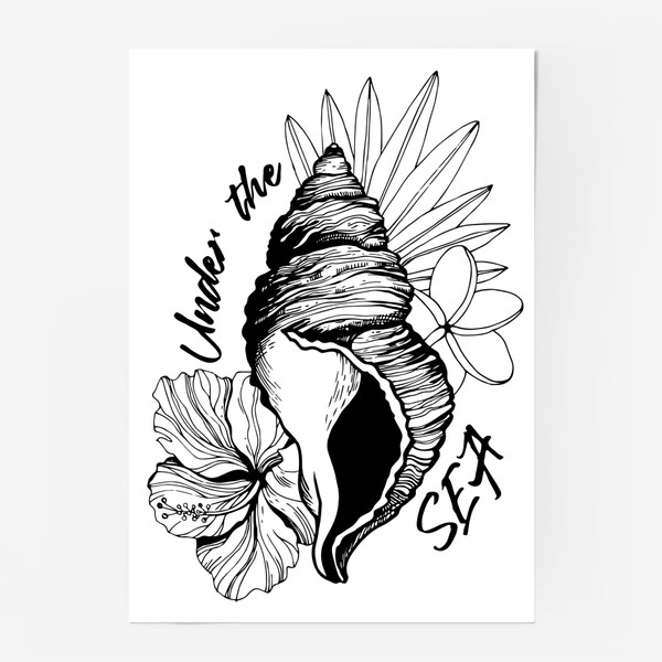 Постер «Летний принт на морскую тему "Ракушка и цветы". Under the sea»