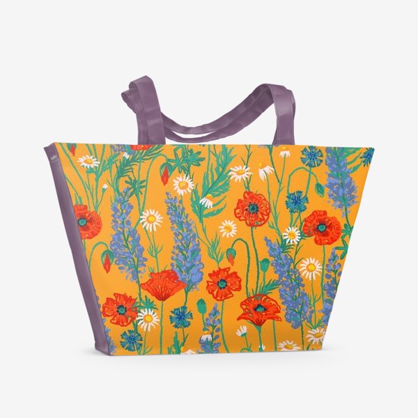 Пляжная сумка «Полевые цветы на желтом фоне: маки, ромашки, васильки, иван-чай»