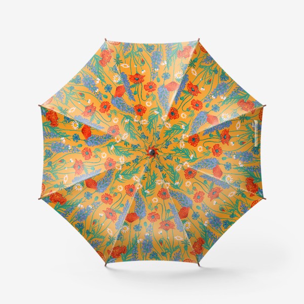 Зонт «Полевые цветы на желтом фоне: маки, ромашки, васильки, иван-чай»