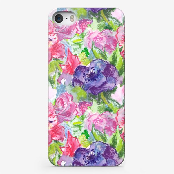 Чехол iPhone «Узор с розовыми и фиолетовыми цветами, нарисованный акварелью и пастелью»