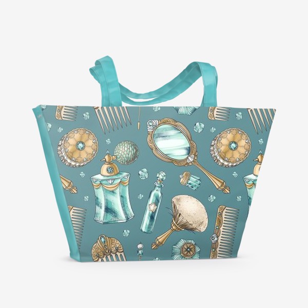 Пляжная сумка «Паттерн из будуарных предметов: расчёсок, флаконов, пузырьков, гребней, бусин и булавок»