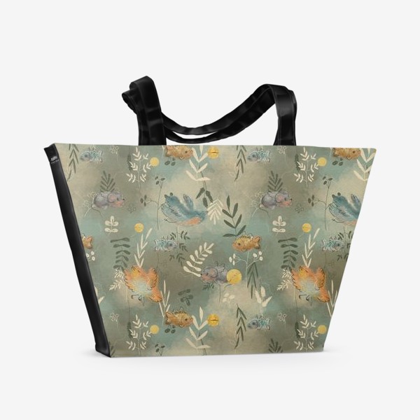 Пляжная сумка «Птички, мышки и растения. Веточки. Текстура.»