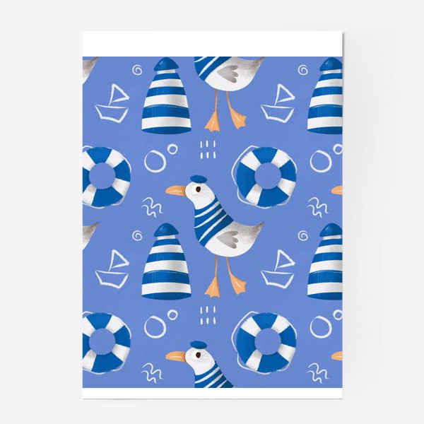 Постер «Море, Чайки в тельняшке, Маяки на голубом фоне. для моряка»