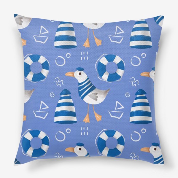 Подушка «Море, Чайки в тельняшке, Маяки на голубом фоне. для моряка»