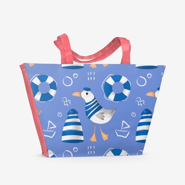 Пляжная сумка «Море, Чайки в тельняшке, Маяки на голубом фоне. для моряка»