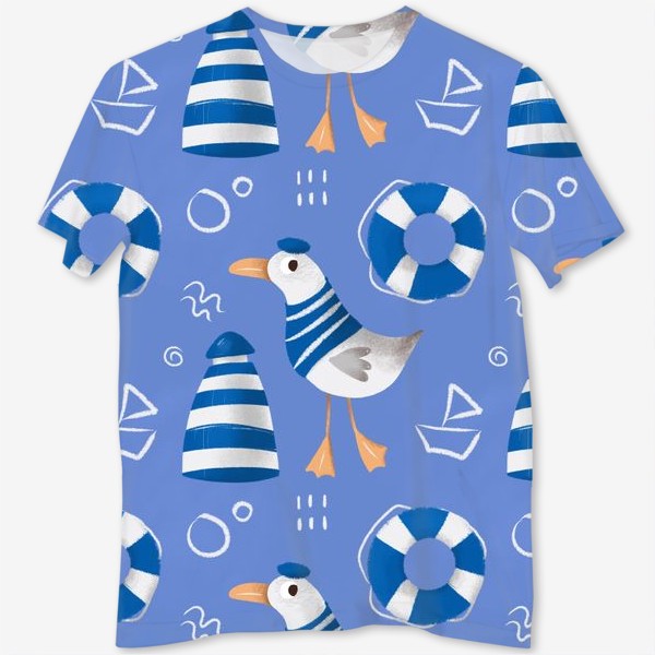 Футболка с полной запечаткой &laquo;Море, Чайки в тельняшке, Маяки на голубом фоне. для моряка&raquo;
