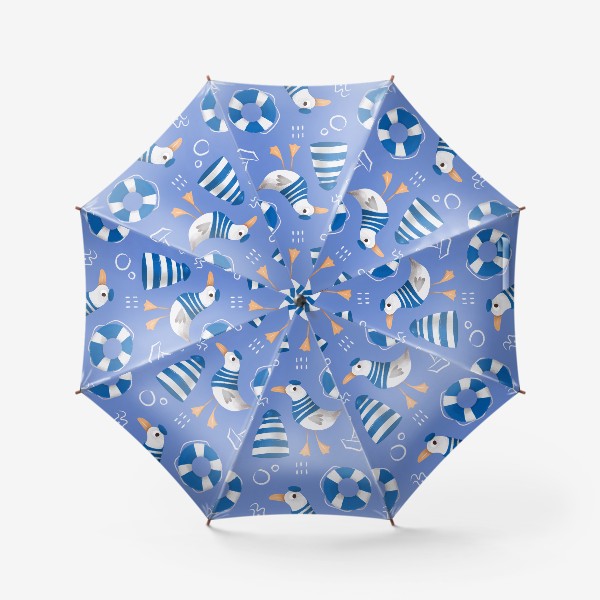 Зонт &laquo;Море, Чайки в тельняшке, Маяки на голубом фоне. для моряка&raquo;