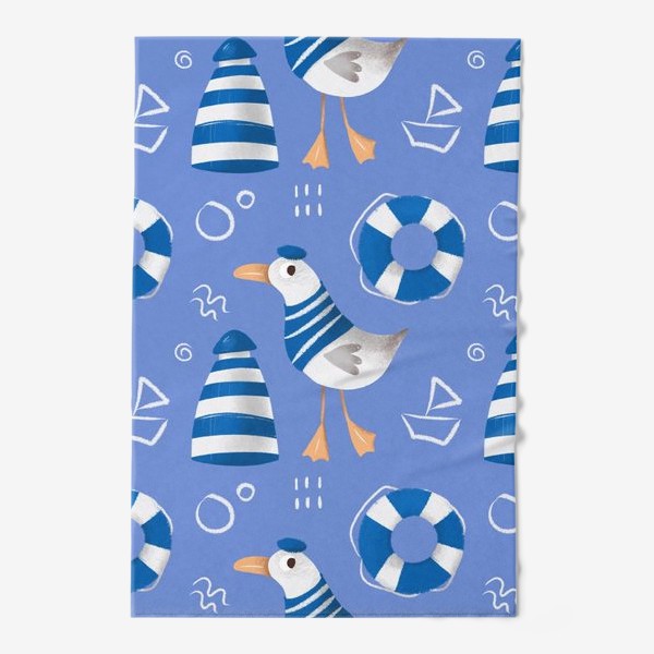 Полотенце «Море, Чайки в тельняшке, Маяки на голубом фоне. для моряка»