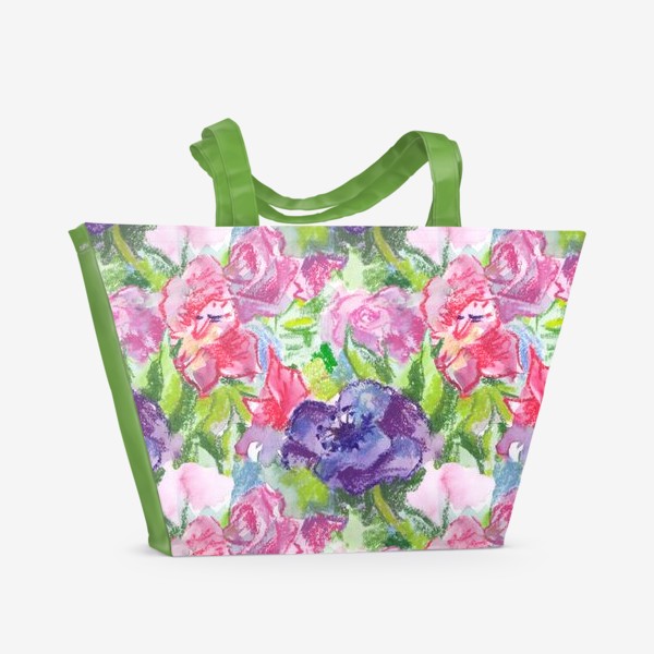 Пляжная сумка &laquo;Узор с розовыми и фиолетовыми цветами, нарисованный акварелью и пастелью&raquo;