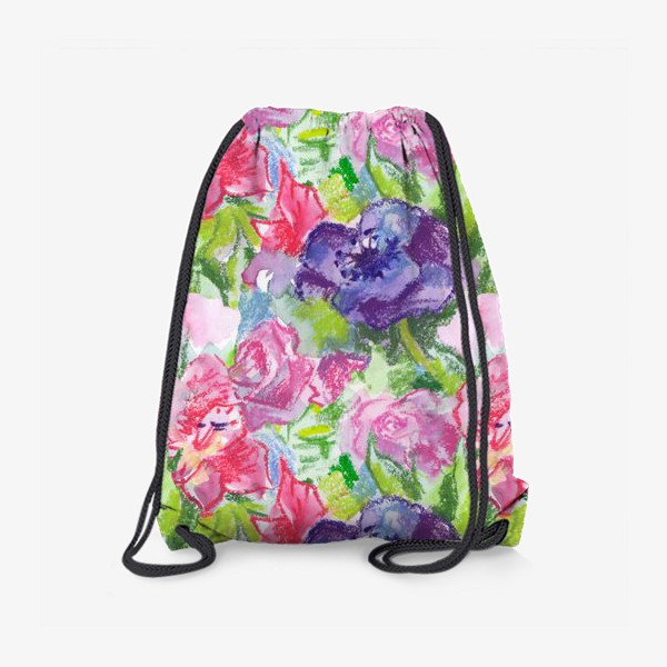 Рюкзак «Узор с розовыми и фиолетовыми цветами, нарисованный акварелью и пастелью»