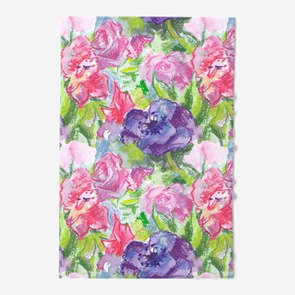 Полотенце «Узор с розовыми и фиолетовыми цветами, нарисованный акварелью и пастелью»