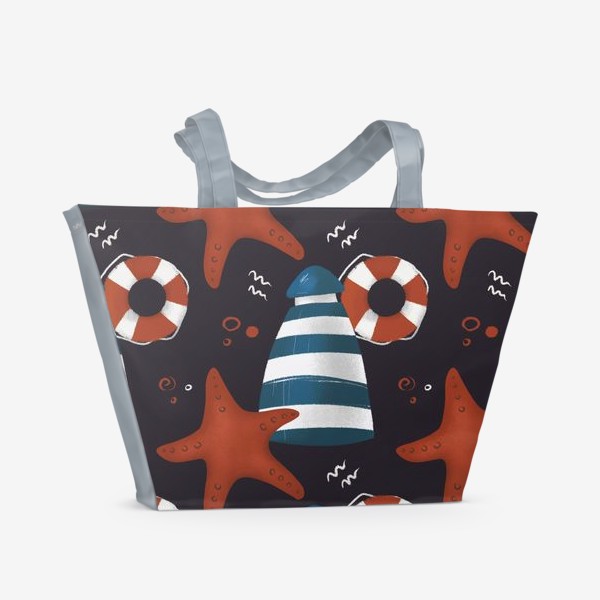 Пляжная сумка &laquo;Маяки, море,солнце, лето, пляж, морская звезда, спасательный круг, красно - синий рисунок паттерн&raquo;