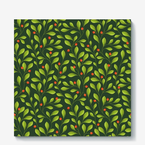 Холст &laquo;Зеленый Паттерн с листьями и красной ягодой&raquo;