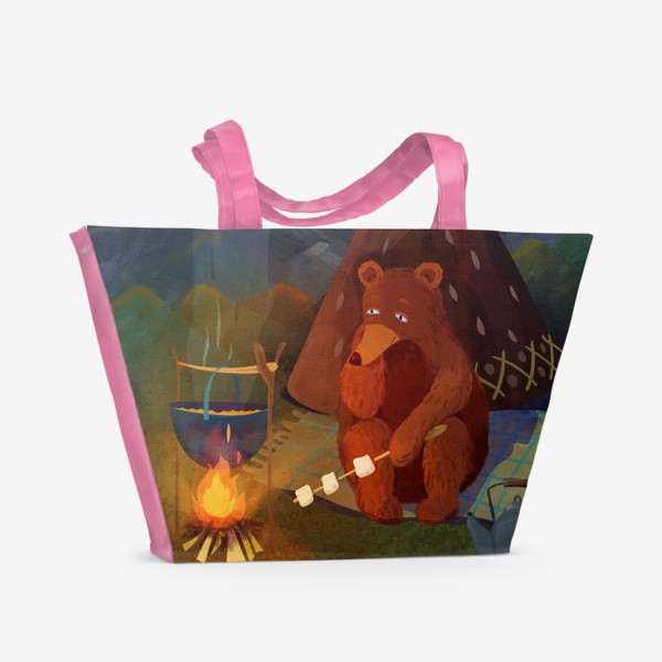 Пляжная сумка «Медведь с палаткой жарит маршмэллоу»