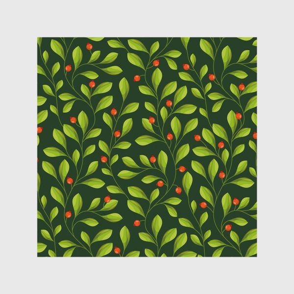 Шторы &laquo;Зеленый Паттерн с листьями и красной ягодой&raquo;