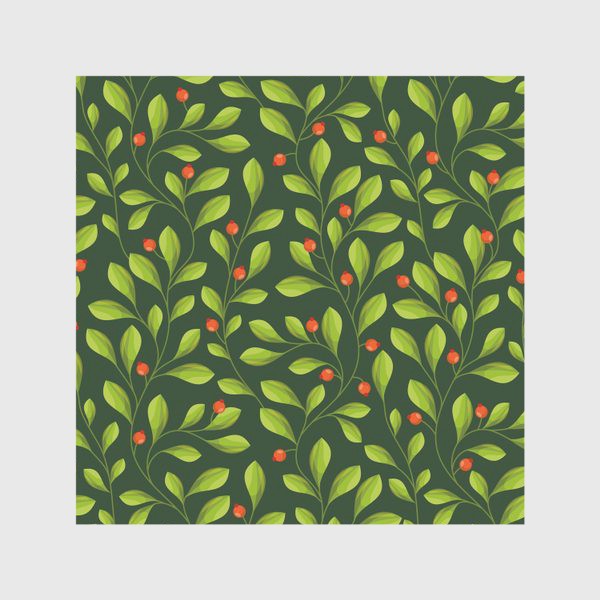 Скатерть &laquo;Зеленый Паттерн с листьями и красной ягодой&raquo;
