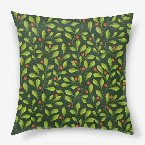 Подушка &laquo;Зеленый Паттерн с листьями и красной ягодой&raquo;