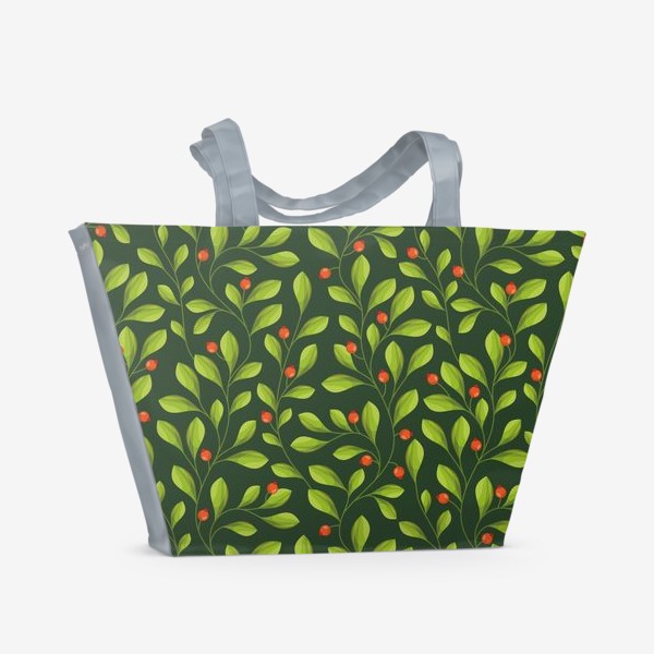 Пляжная сумка &laquo;Зеленый Паттерн с листьями и красной ягодой&raquo;