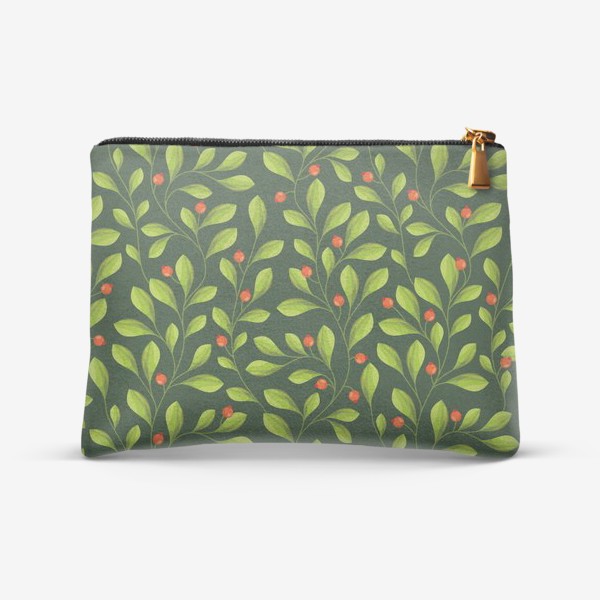Косметичка «Зеленый Паттерн с листьями и красной ягодой»