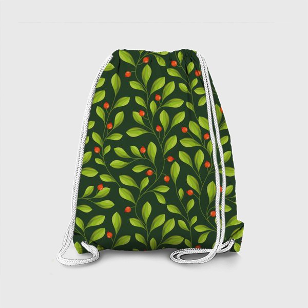 Рюкзак &laquo;Зеленый Паттерн с листьями и красной ягодой&raquo;