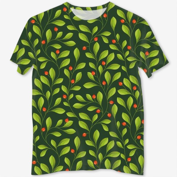 Футболка с полной запечаткой «Зеленый Паттерн с листьями и красной ягодой»