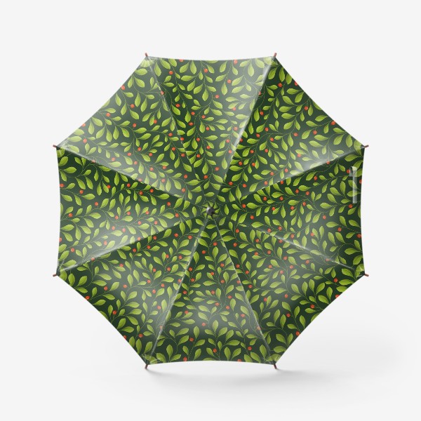 Зонт «Зеленый Паттерн с листьями и красной ягодой»