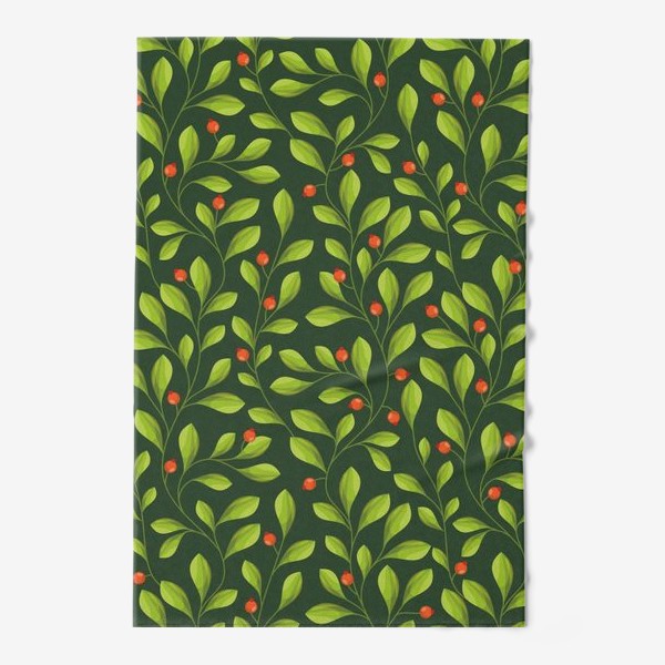 Полотенце &laquo;Зеленый Паттерн с листьями и красной ягодой&raquo;