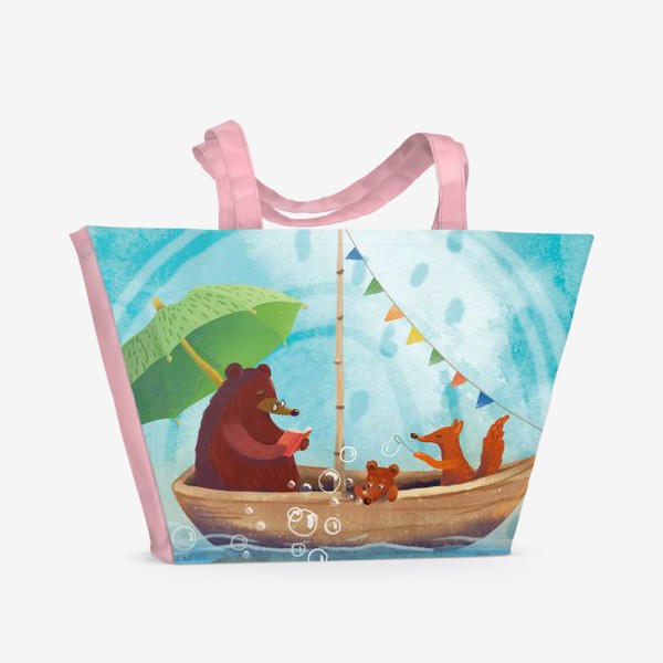 Пляжная сумка «Медведь, медвежонок и лиса в лодке. Лето.»
