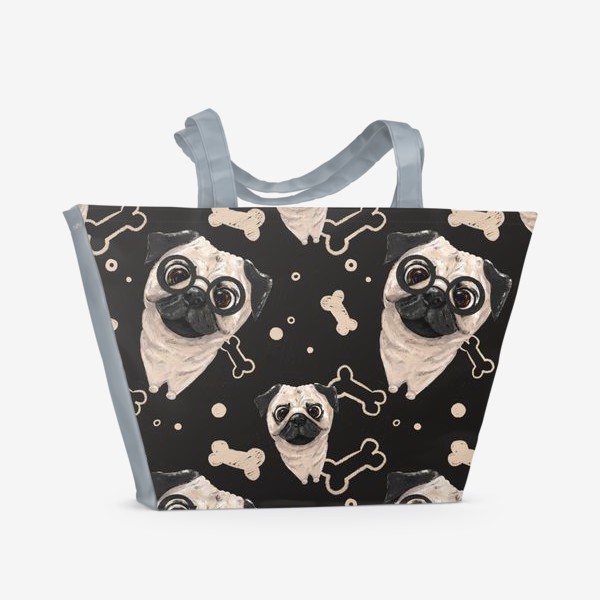 Пляжная сумка «Милые мопсы, мопс в очках и с косточкой, мопс рисунок, для собачника, любителя мопсов, мультяшные собаки, для ребенка»