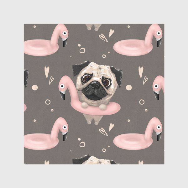 Скатерть «Смешные мопсы в плавательном круге фламинго, паттерн с собаками, для хозяев мопсов, для собачников, детская иллюстрация»
