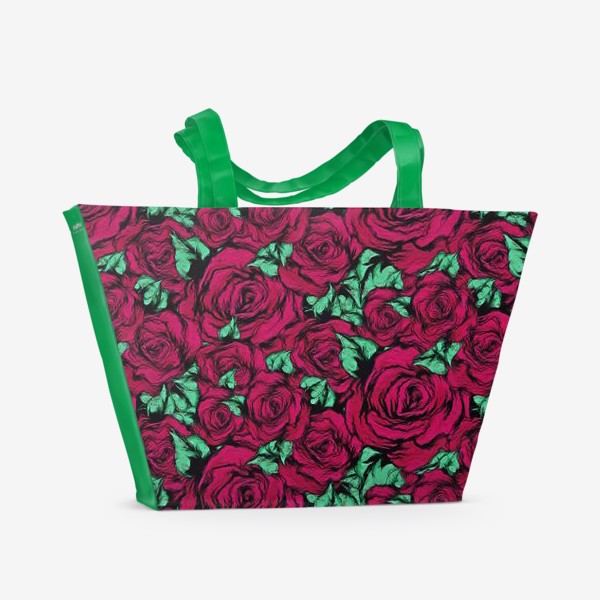 Пляжная сумка &laquo;Узор из красных роз - масляные краски&raquo;