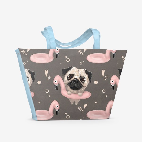 Пляжная сумка &laquo;Смешные мопсы в плавательном круге фламинго, паттерн с собаками, для хозяев мопсов, для собачников, детская иллюстрация&raquo;